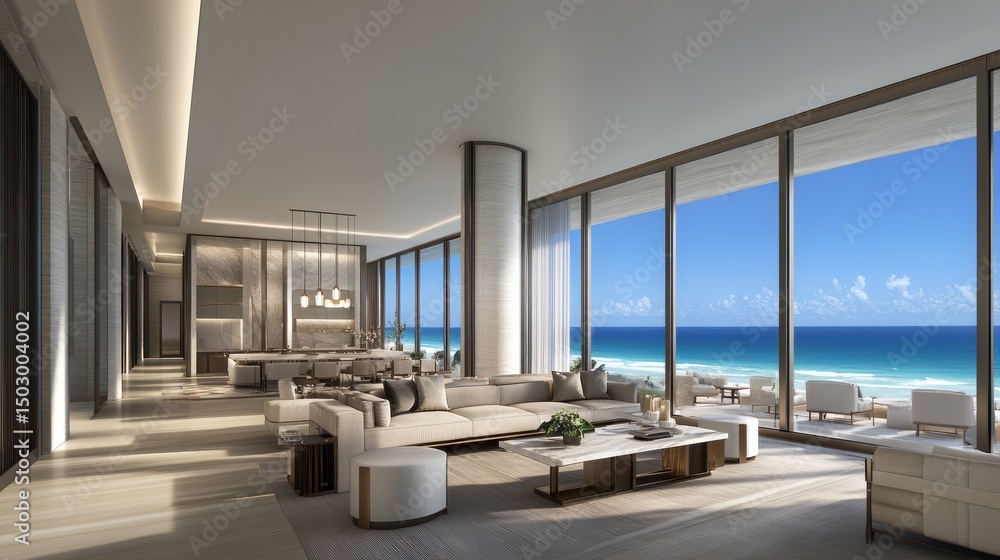 Fototapeta premium Spacious modern living area with ocean views.