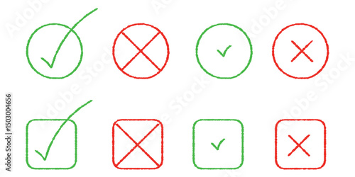 手書きのチェックマークとバツマークシンプルイラストセット　赤・緑〜Handwritten check mark and cross mark simple illustration set in red and green〜