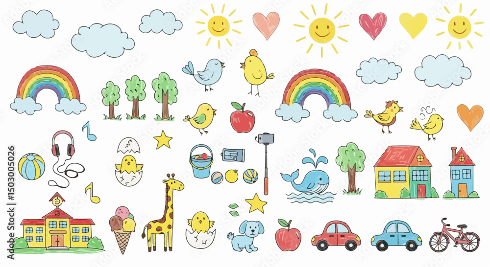 Playful and vibrant hand-drawn art featuring cars, animals, rainbows, houses, and cheerful elements in a colorful style perfect for children or creative themes Playful and vibrant hand-drawn art featuring cars, animals, rainbows, houses, and cheerful elements in a colorful style perfect for children or creative themes