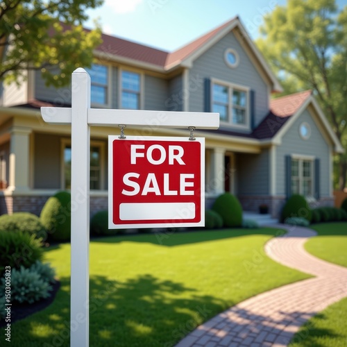 A For Sale sign in front of a beautiful suburban home, perfect for real estate promotions, listings, and marketing materials showcasing residential properties.