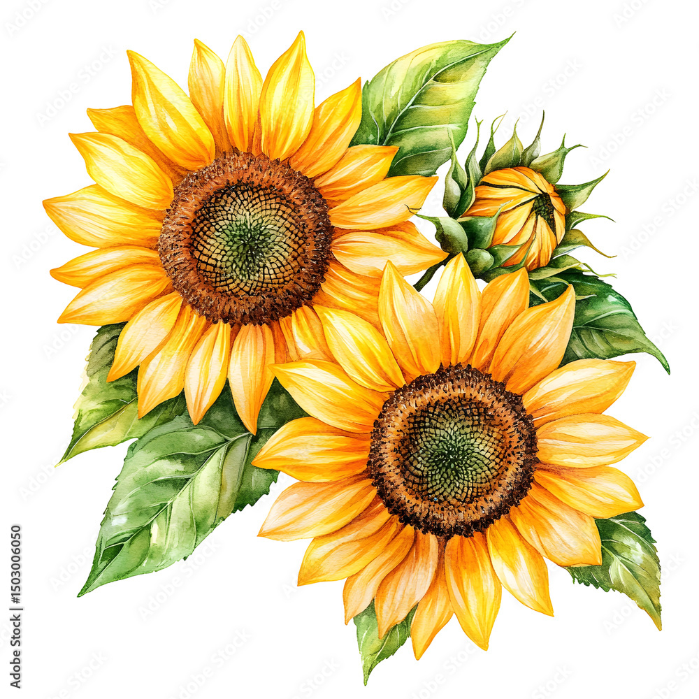 Naklejka premium Watercolor illustration of bright yellow sunflowers with green leaves isolated on transparent background