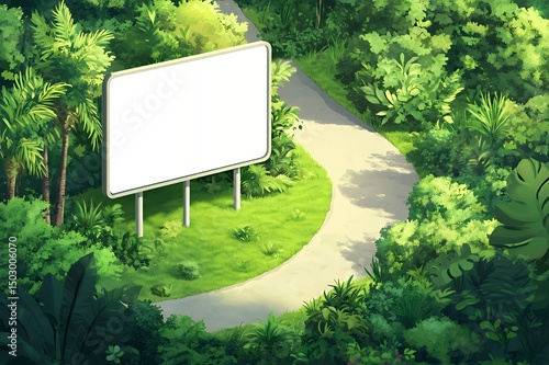 Blank Billboard Beside Lush Green Tropical Path