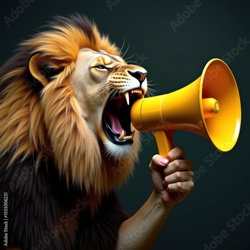 A powerful lion roaring into a megaphone, symbolizing leadership and authority, ideal for marketing, branding, and motivational themes.