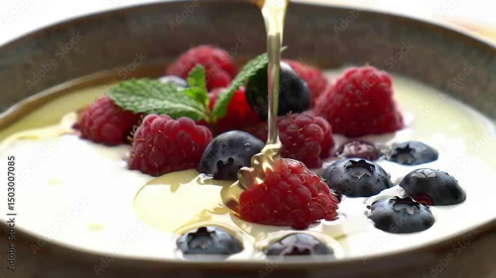 Cinematic close-up of Greek yogurt with honey, berries, and mint in rustic bowl Cinematic close-up of Greek yogurt with honey, berries, and mint in rustic bowl