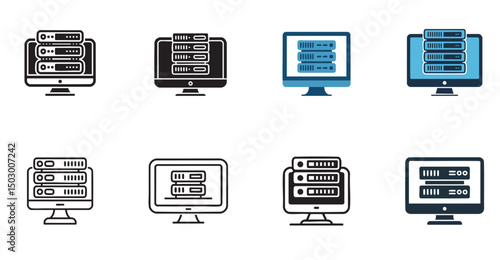 set of server rack display icons, computer monitor with data racks, web hosting and it infrastructure
