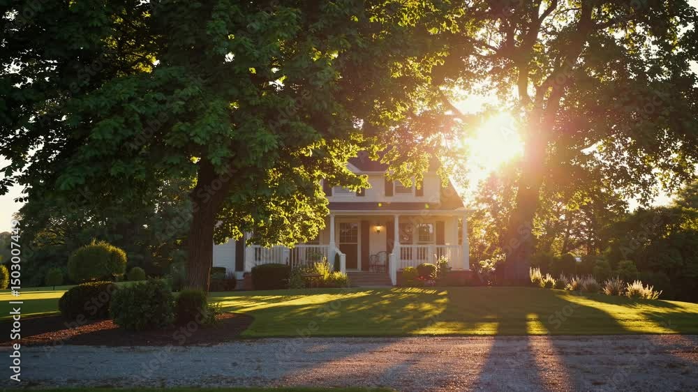 Beautiful residential home at golden hour with sunlight filtering through trees and lush green lawn