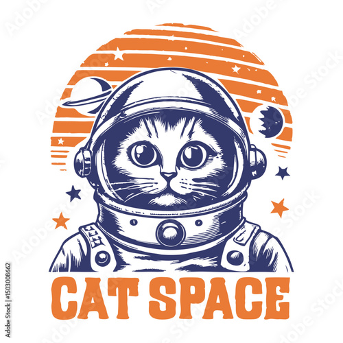 Hand drawn cat astronaut illustration in vintage style