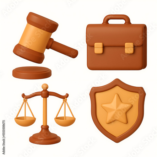 3D Law and Justice Icons Set – Gavel, Briefcase, Scales, and Badge