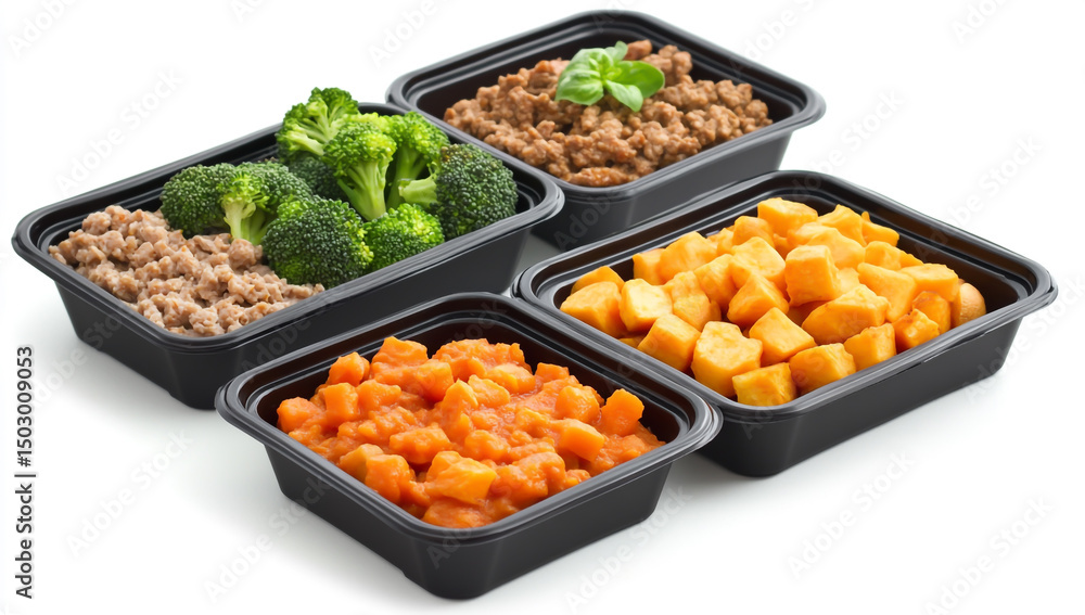 4 black rectangular containers with different food items, such as chicken mince and vegetables in one container 4 black rectangular containers with different food items, such as chicken mince and vegetables in one container