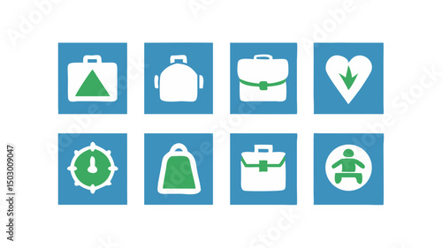 Eight simple bag and travel icons on blue