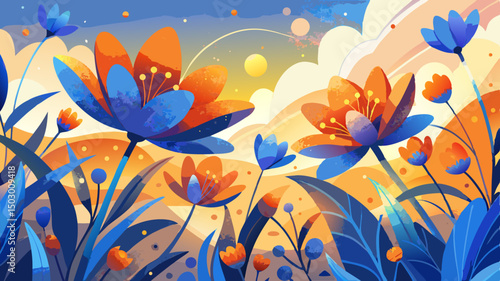 Orange and blue speckled flowers glow in the soft sunlight, creating a dreamy harmony of colors. This vector captures nature’s gentle elegance in a warm, peaceful composition.
