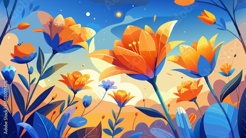 Orange and blue speckled flowers glow in the soft sunlight, creating a dreamy harmony of colors. This vector captures nature’s gentle elegance in a warm, peaceful composition.