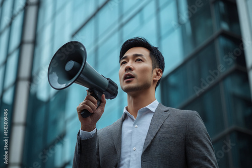 Young Asian businessman in suit holding megaphone and shouting news in front of business center building