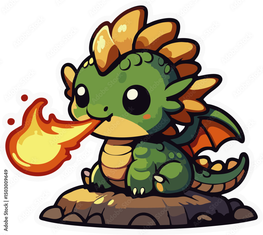 Fototapeta premium Adorable Baby Dragon Breathing Fire – Cute Cartoon Fantasy Creature Illustration