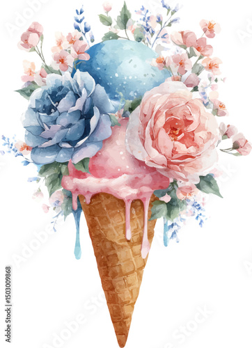 Watercolor ice cream cone with flowers, in pastel pink and blue colors on a white background, in a clipart style.