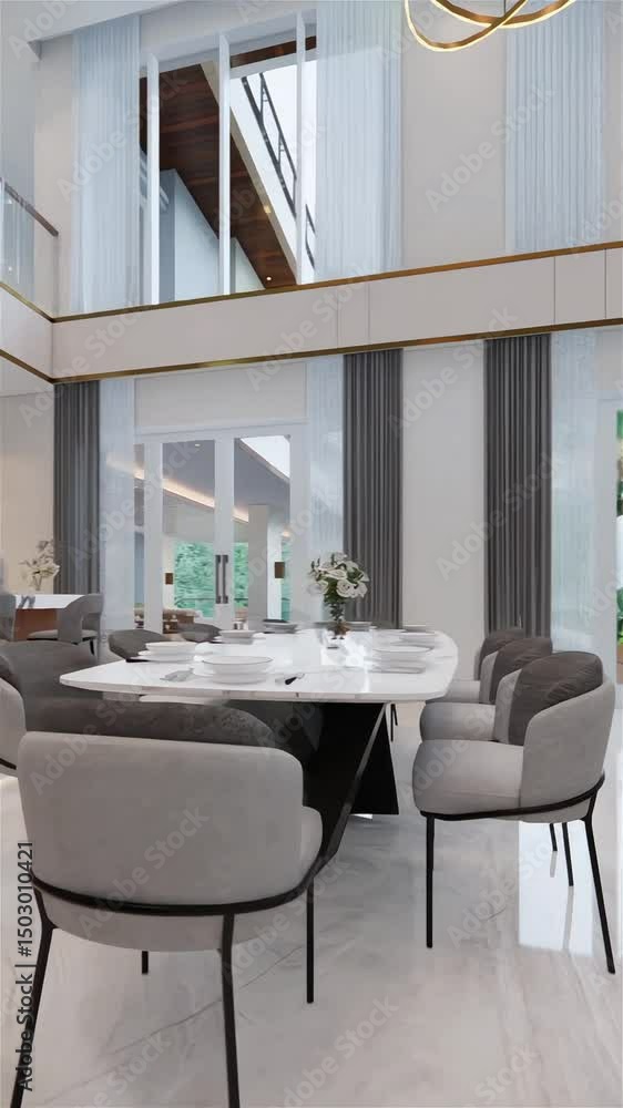 Elegant dining room with a marble table and modern chairs in a luxurious home Elegant dining room with a marble table and modern chairs in a luxurious home