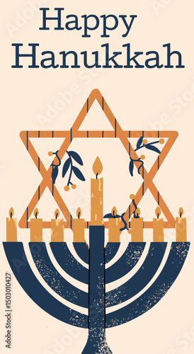 Hanukkah greeting poster with menorah and David Star of the holiday.