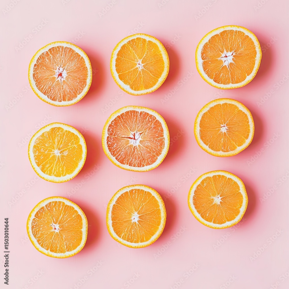 Flat Lay of Fresh Orange Slices on Soft Pink Background Flat Lay of Fresh Orange Slices on Soft Pink Background