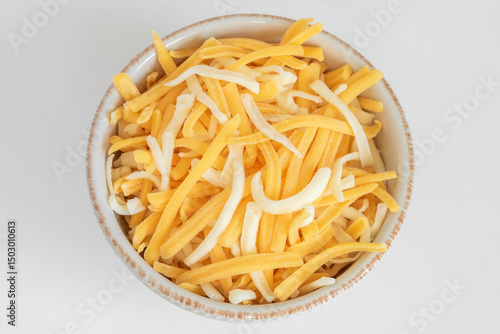 Shredded Cheddar and Colby Jack Cheeses in a Bowl
