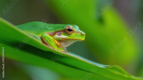 A vibrant tree frog rests on a tropical leaf, embodying nature's delicate beauty.