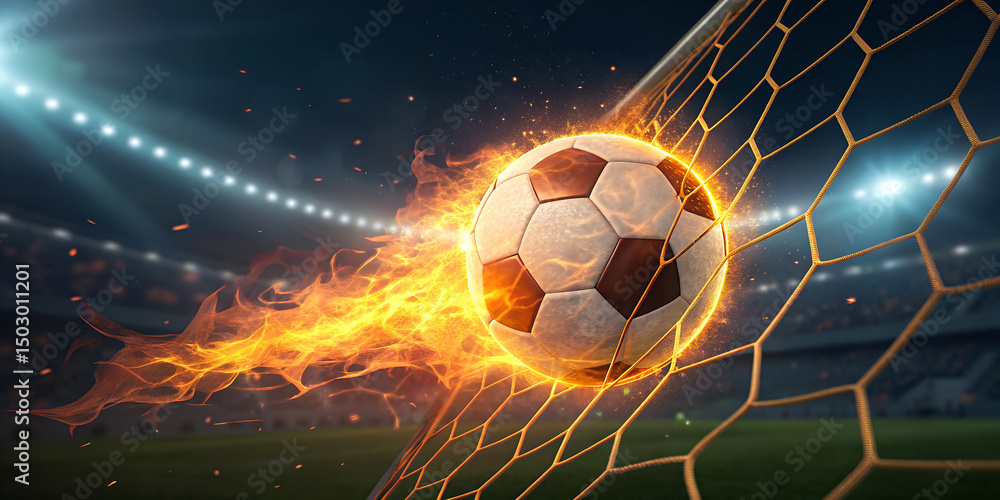 Fototapeta premium Soccer ball on fire scoring goal in net sports game competition
