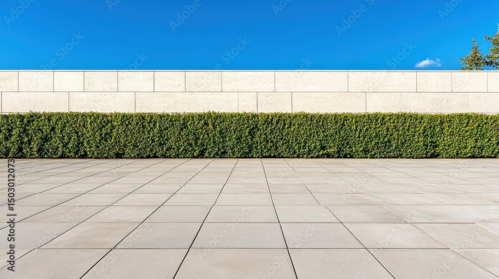 Fototapeta premium Paved plaza with hedgerow and wall.