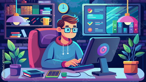 Cartoon man in glasses working at a computer in a cozy modern office with plants, books and data screens