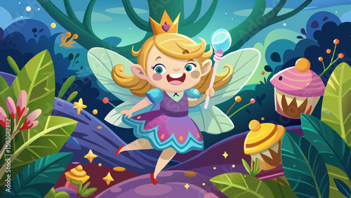 Cartoon fairy girl with wings and magic wand flying over a colorful candy forest in a whimsical fantasy world