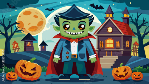 Cartoon vampire boy with green skin and red cape standing in front of a haunted house with glowing pumpkins and a full moon