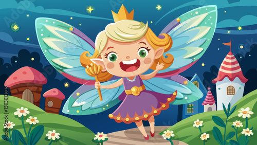 Cartoon fairy princess with colorful wings and crown flying happily over a magical village under a starry night sky