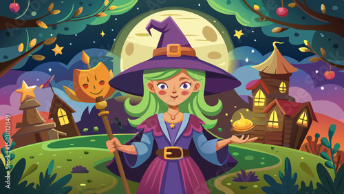 Cartoon witch girl with green hair holding a magical flame and pumpkin staff in a fantasy landscape under a glowing full moon