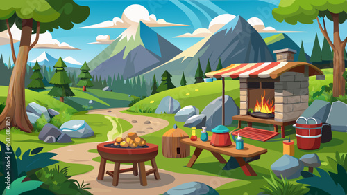 Cartoon mountain picnic area with a fireplace, grill, table, cooking supplies and scenic forest trail under a sunny sky