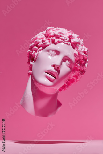 Pink plaster head bust sculpture floating on pink background