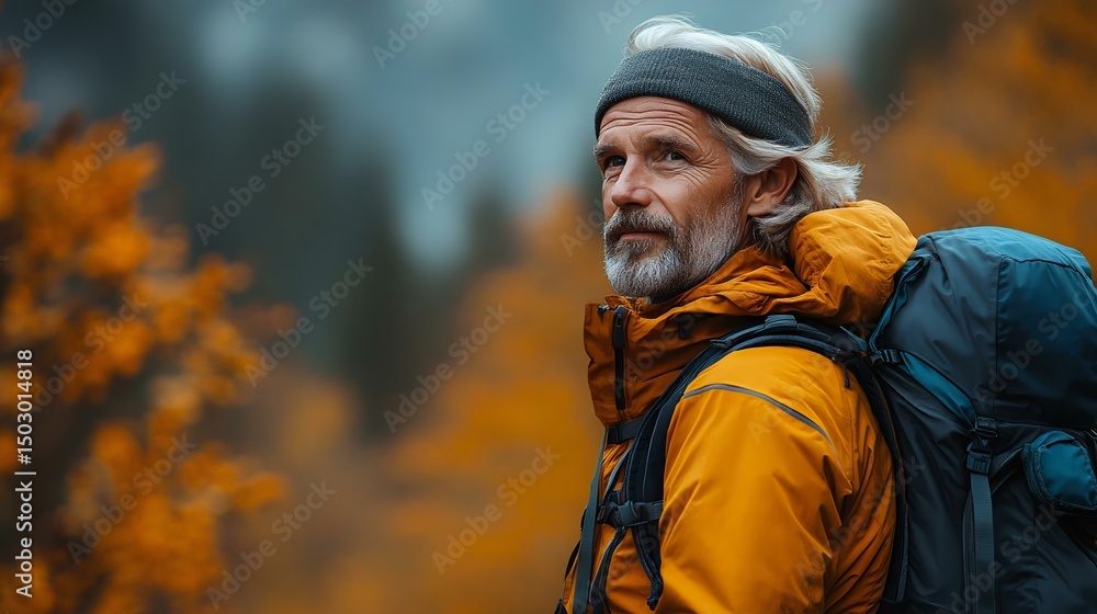 Obraz premium A senior man wearing an orange jacket and backpack, enjoying a scenic autumn landscape with vibrant fall colors in the background.