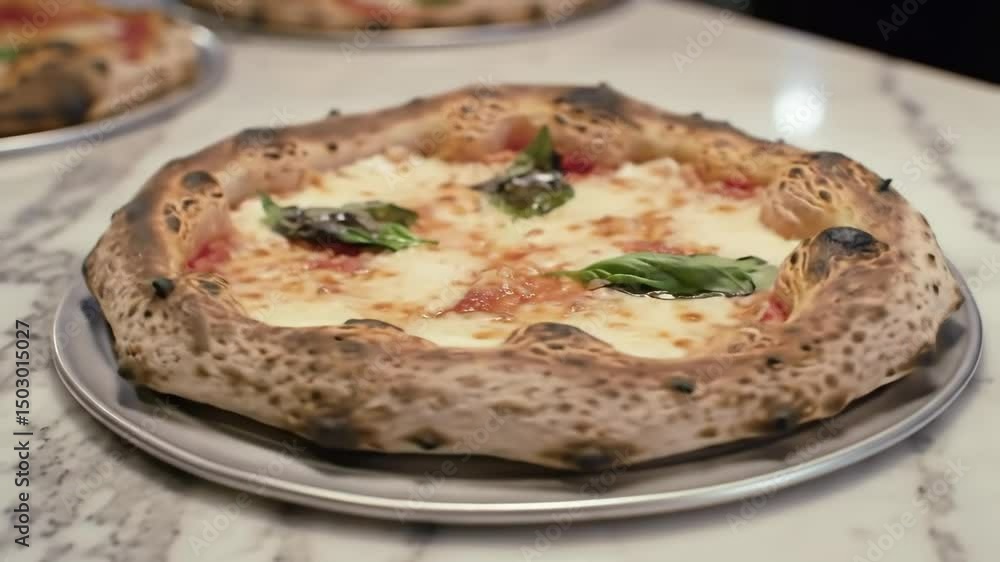 Neapolitan Margherita pizza close-up with orbiting cinematic motion on marble countertop Neapolitan Margherita pizza close-up with orbiting cinematic motion on marble countertop