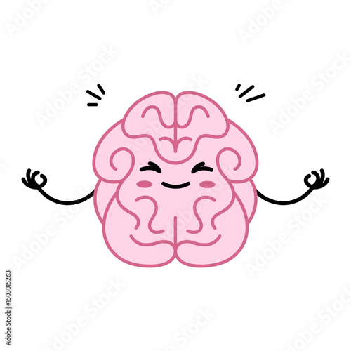 Kawaii brain meditates, peace, calm, concentration cartoon style illustration, vector drawing