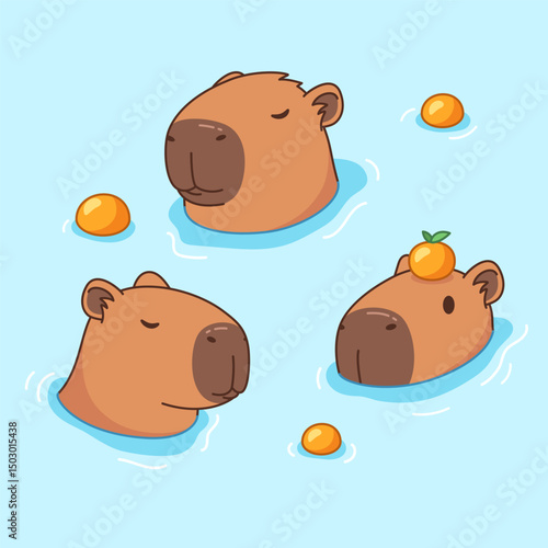 Cute capybaras relaxing and swimming in water, bath with oranges, cartoon style drawing