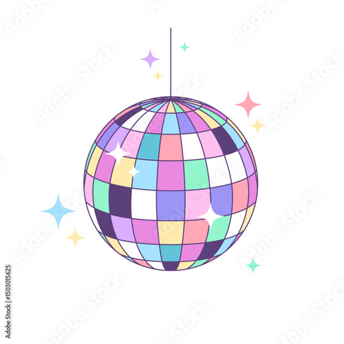 Disco ball, shining mirror ball, music cartoon style drawing