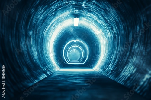 Illuminated Blue Tunnel Extending Into Distance