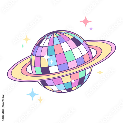 Disco ball planet, shining mirror ball, funny space and music cartoon style drawing