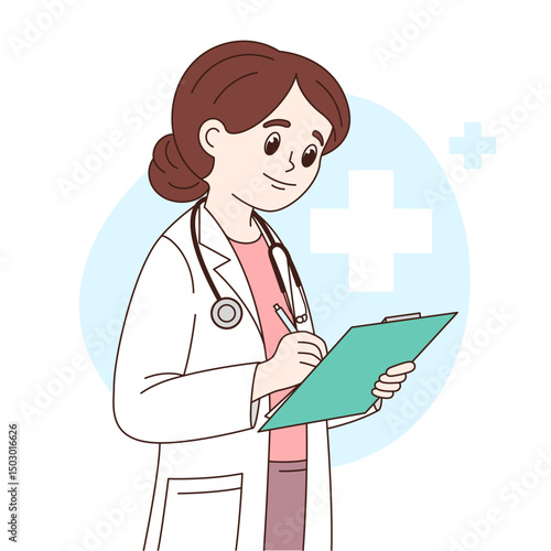 Female doctor, physician, young woman writing on her pad. Medicine character, simple comic cartoon style illustration, drawing