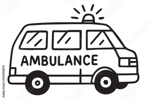 Illustration of an ambulance in black and white vector style, outlined in solid black lines with emergency details on the vehicle.

