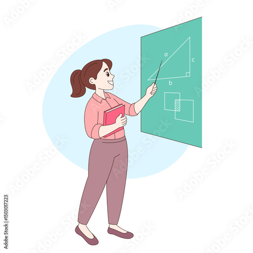 Young school teacher with a textbook and a pointer near the board teaching math, geometry. Simple cartoon style vector drawing, illustration