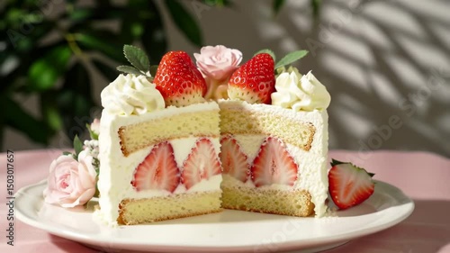 Cinematic close-up orbit and zoom on strawberry shortcake with roses, warm daylight, romantic setting
