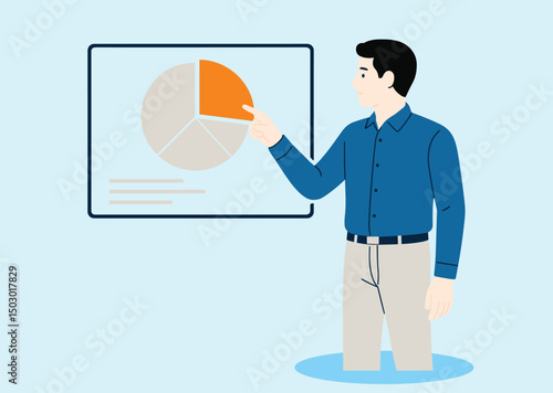 A man in blue shirt and light pants pointing at a pie chart on a digital screen, modern flat illustration style, minimal design