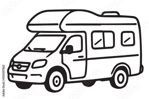 A vector image of a campervan in black and white, outlined in black, designed for use in travel graphics or adventure themed illustrations.