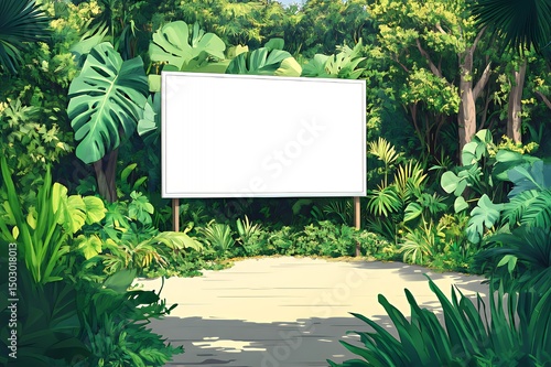 Blank Billboard Surrounded By Lush Tropical Foliage