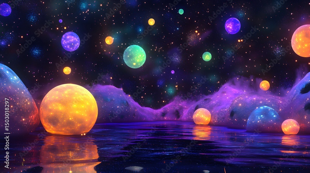 Fototapeta premium Abstract cosmic scene with floating glowing particles