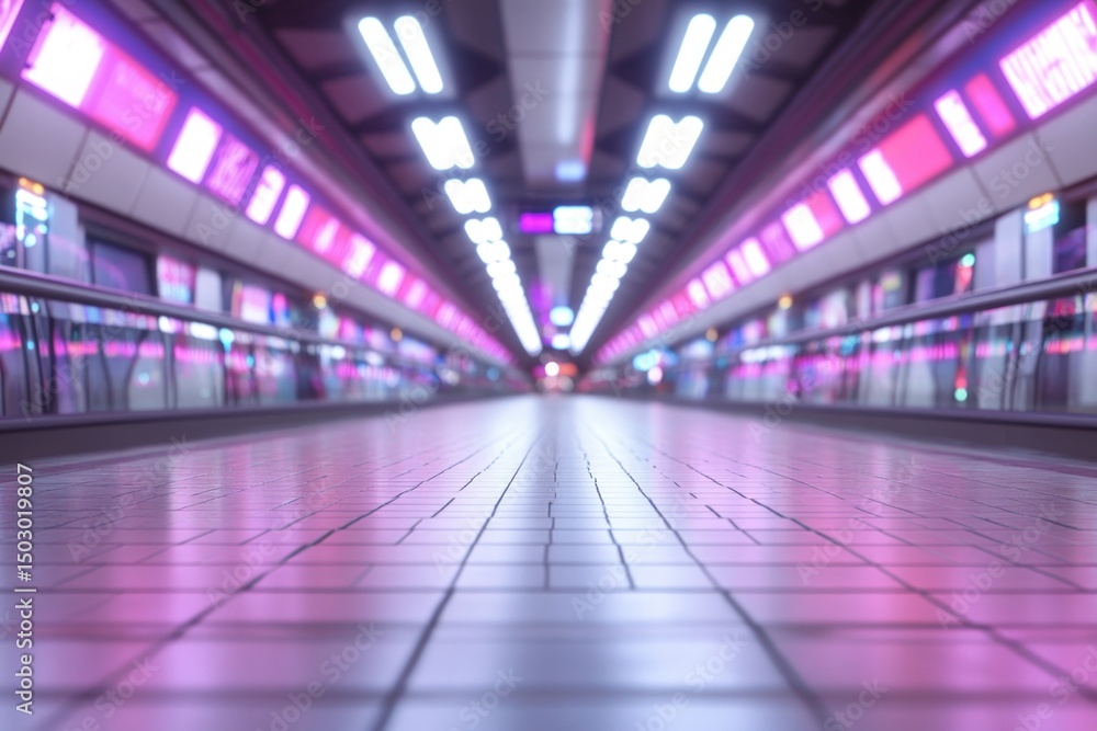 Fototapeta premium Modern architecture interior with symmetrical design and neon lighting perspective