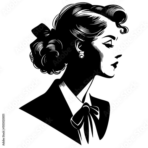 白黒で描かれたレトロ風の働く女性